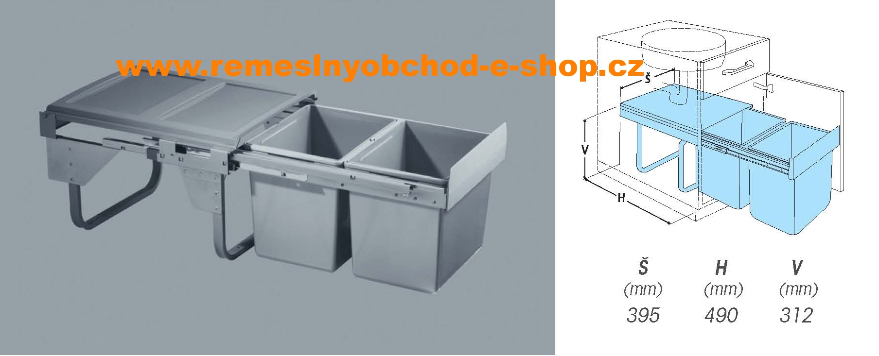 Výsuvný odpadkový 2- koš Komfort, 2x15 l, K45-šedý plast Tento druh odpadkového koše je určen pro umístění pod dřez.